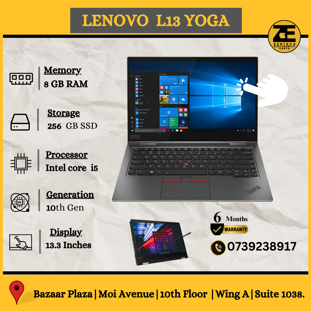 Lenovo ThinkPad L13 Yoga laptop displayed open with Windows visible on the screen, alongside a graphic illustrating the 13.3-inch touchscreen and the ThinkPad Pen Pro.